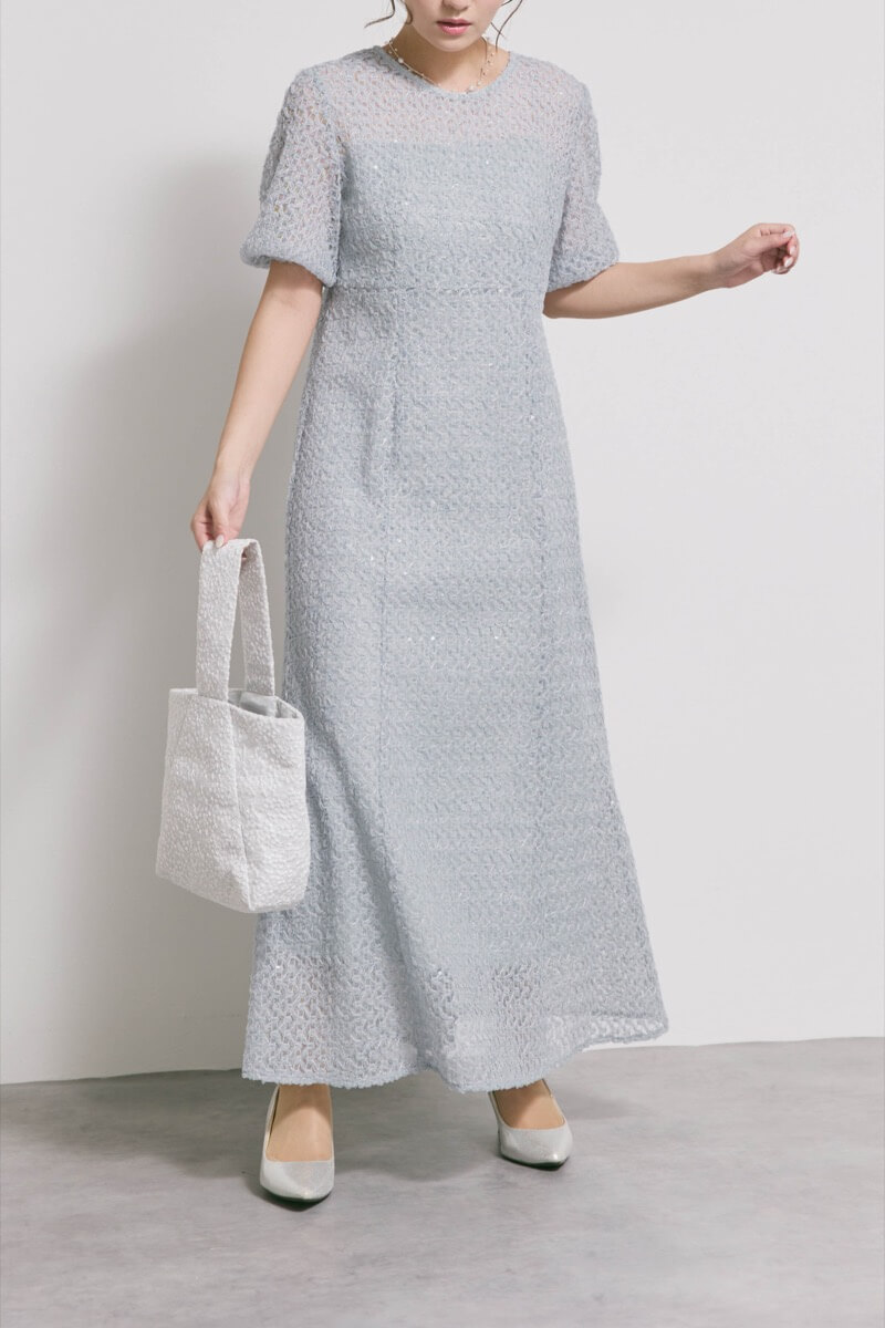 サックスのスパンコールレースドレス