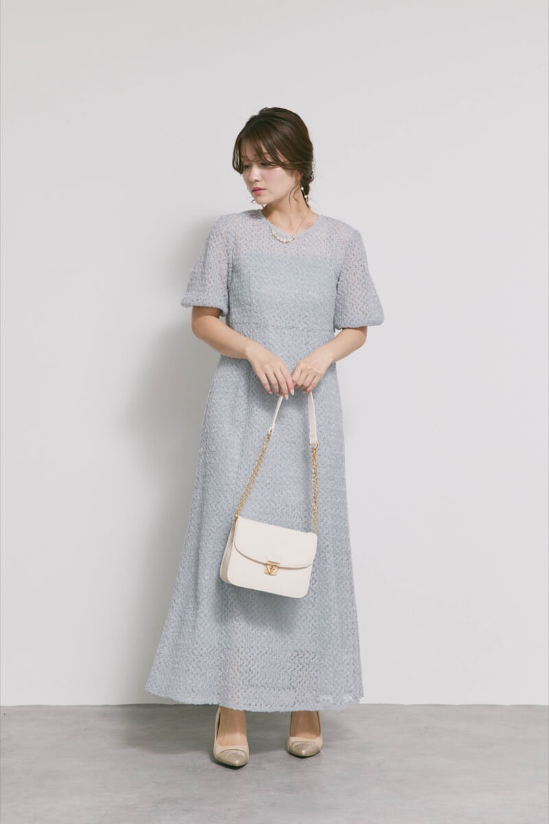 サックスのスパンコールレースドレス