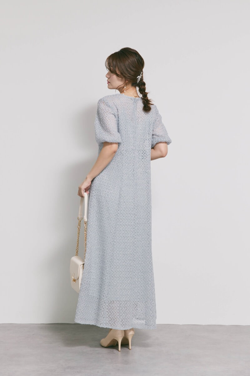 サックスのスパンコールレースドレス