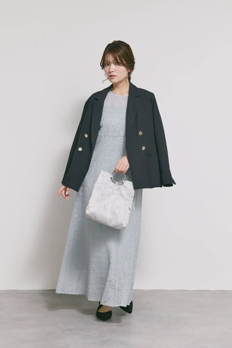 サックスのスパンコールレースドレス