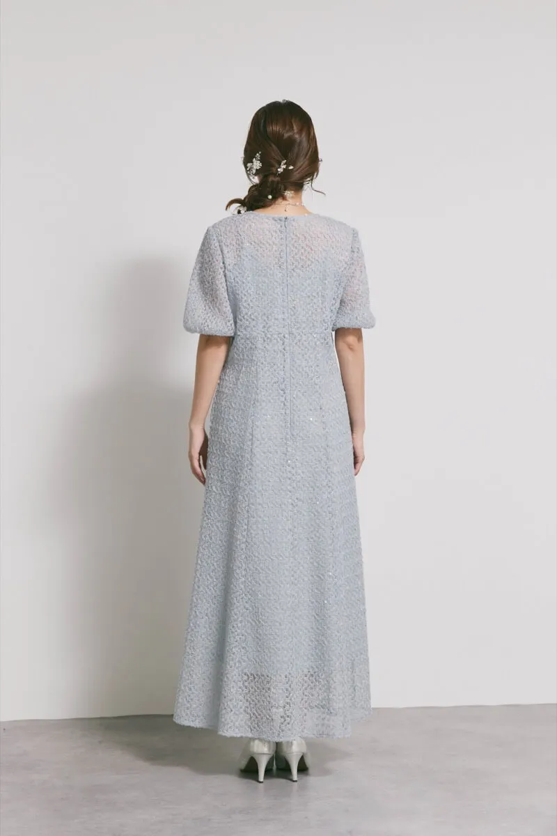 サックスのスパンコールレースドレス