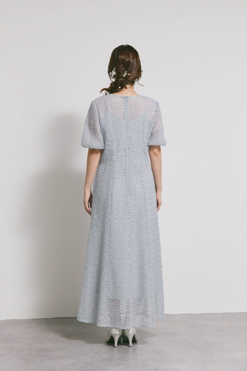 サックスのスパンコールレースドレス