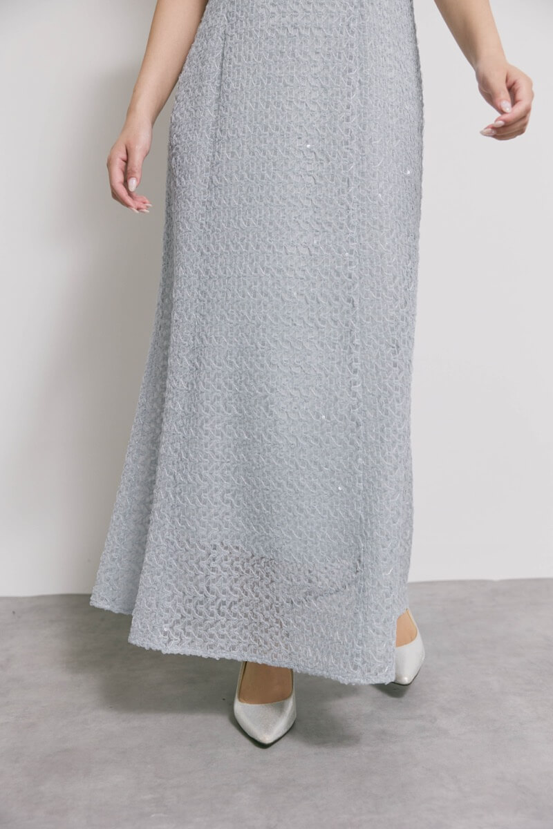 サックスのスパンコールレースドレス