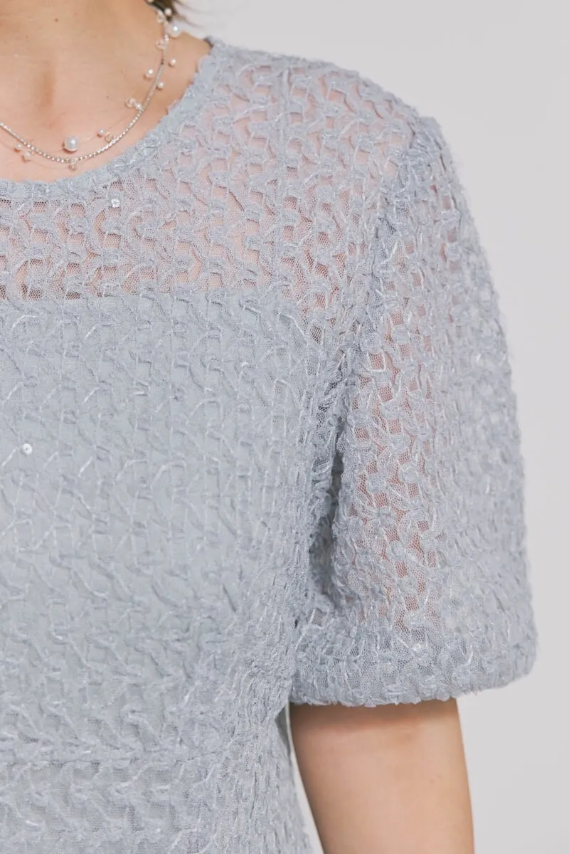 サックスのスパンコールレースドレス