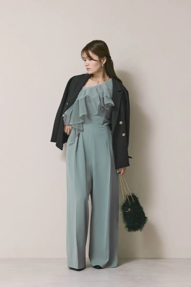 ブルーのチュールカラーベアパンツドレス