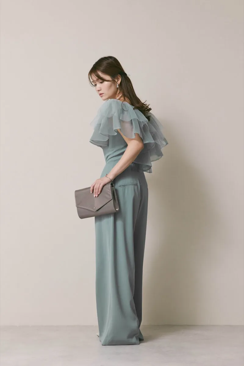 ブルーのチュールカラーベアパンツドレス