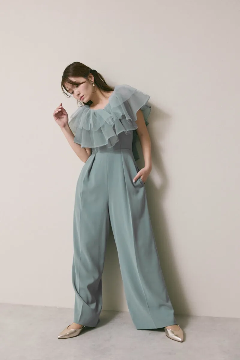 ブルーのチュールカラーベアパンツドレス