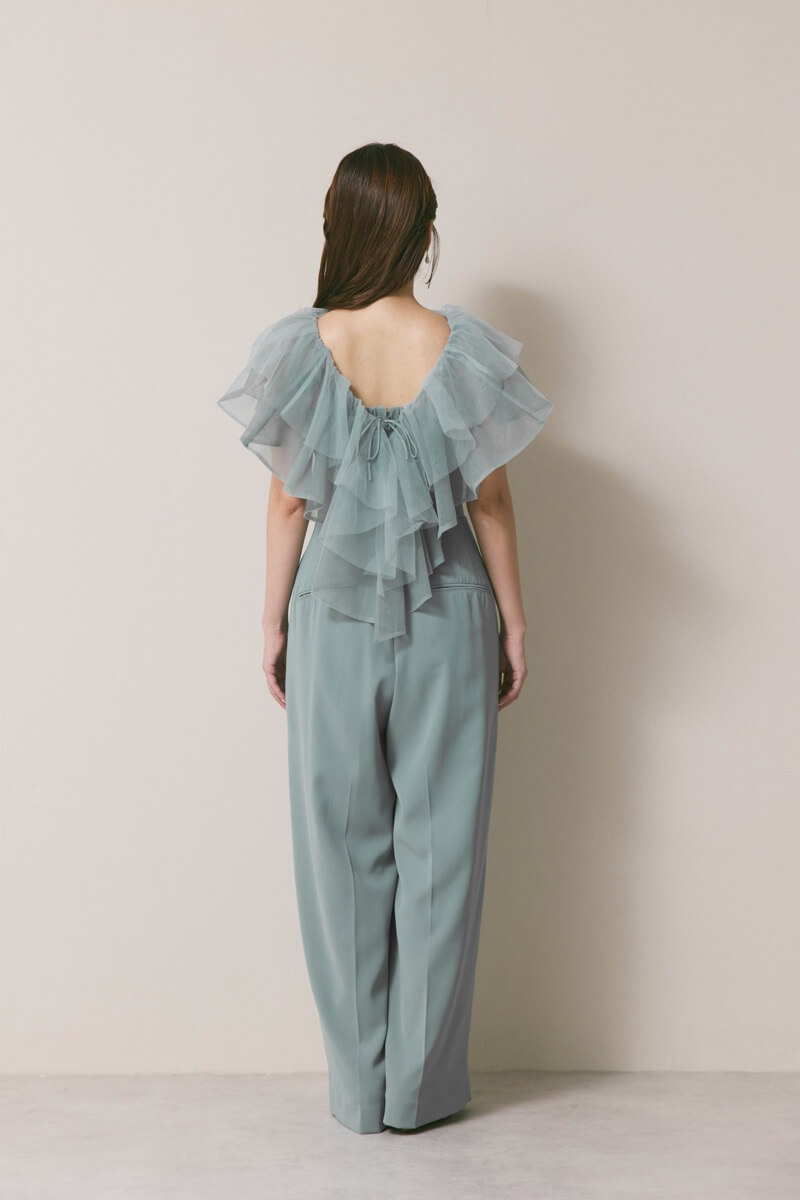 ブルーのチュールカラーベアパンツドレス