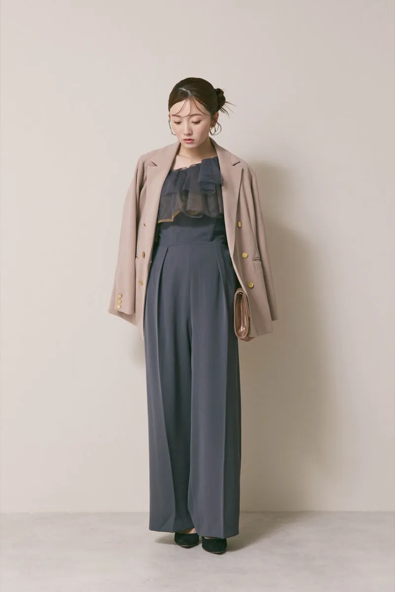 チャコールグレーのチュールカラーベアパンツドレス