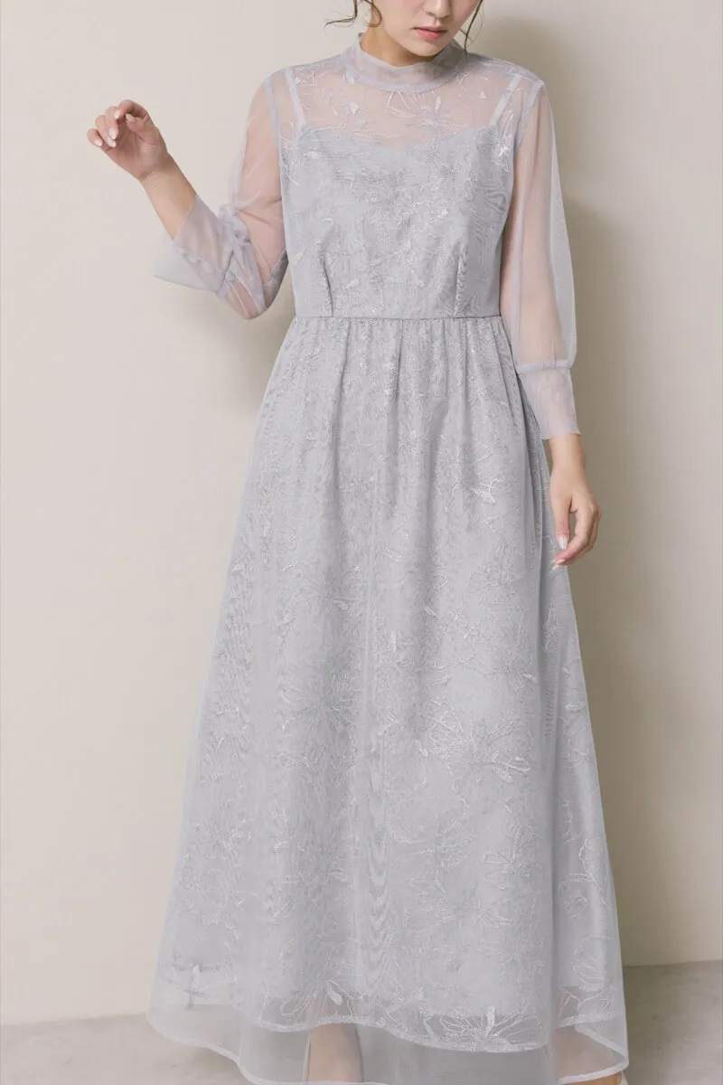 サックスのレースミックスチュールドレス