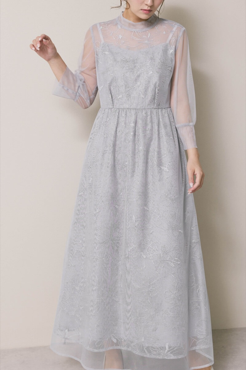 サックスのレースミックスチュールドレス