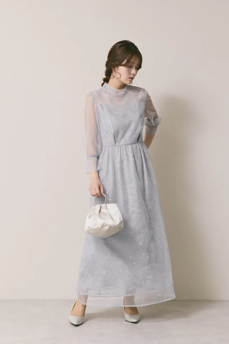 サックスのレースミックスチュールドレス /kaene