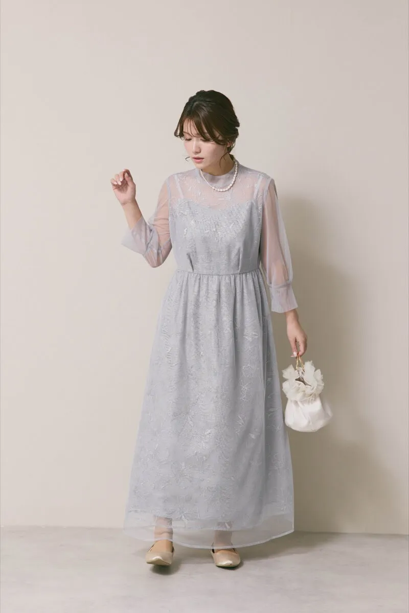 サックスのレースミックスチュールドレス