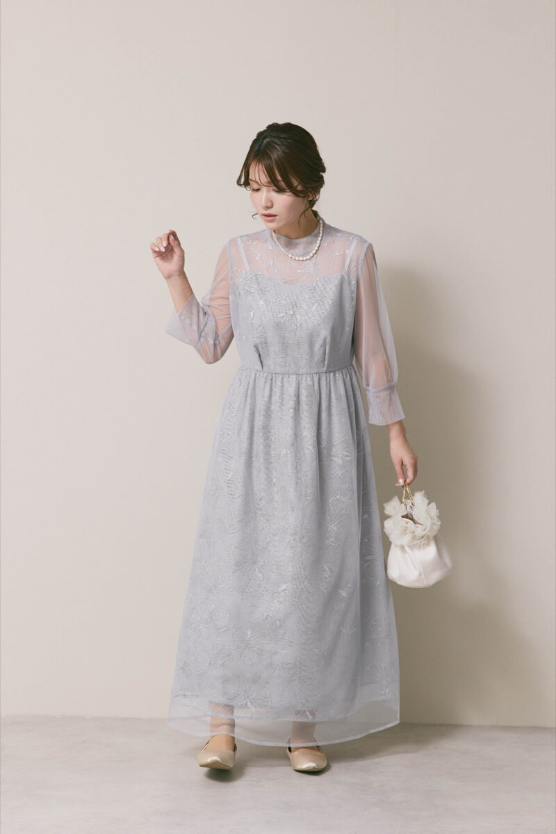 サックスのレースミックスチュールドレス