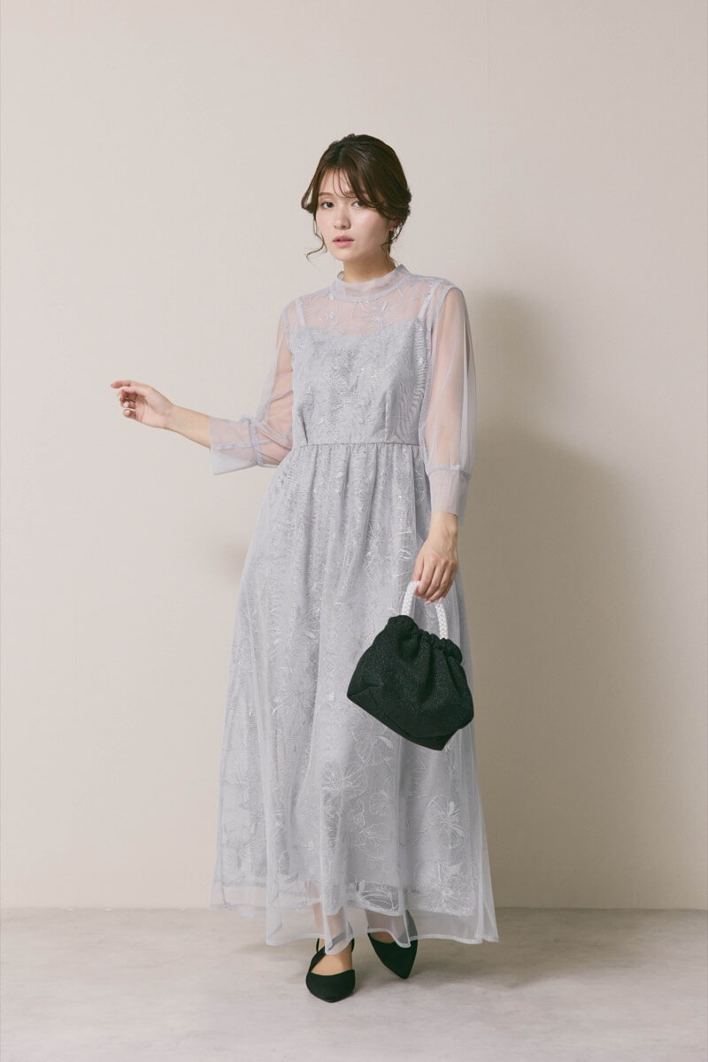 サックスのレースミックスチュールドレス