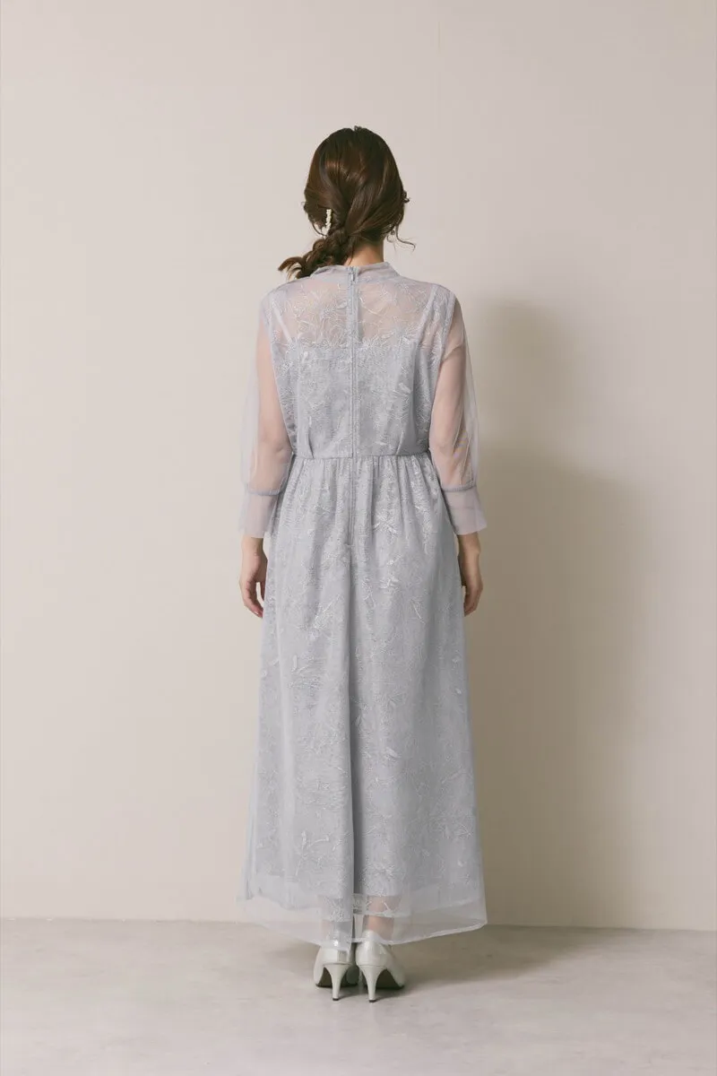 サックスのレースミックスチュールドレス