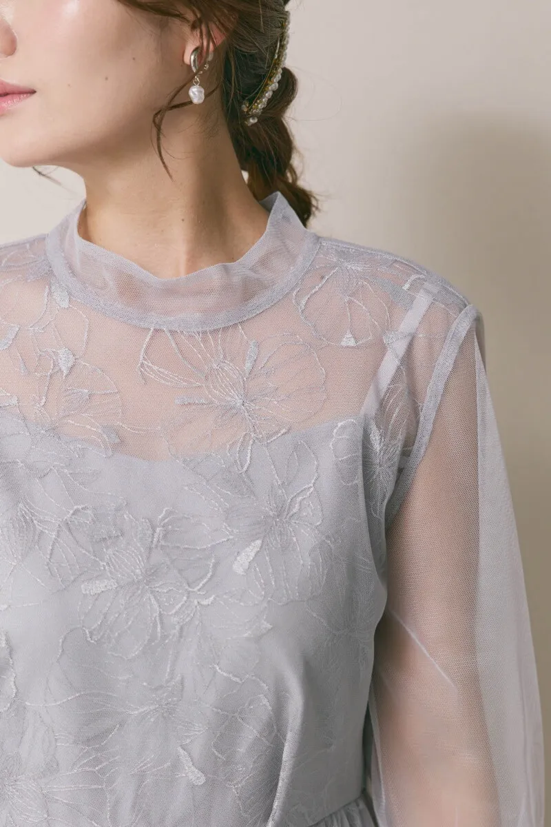 サックスのレースミックスチュールドレス