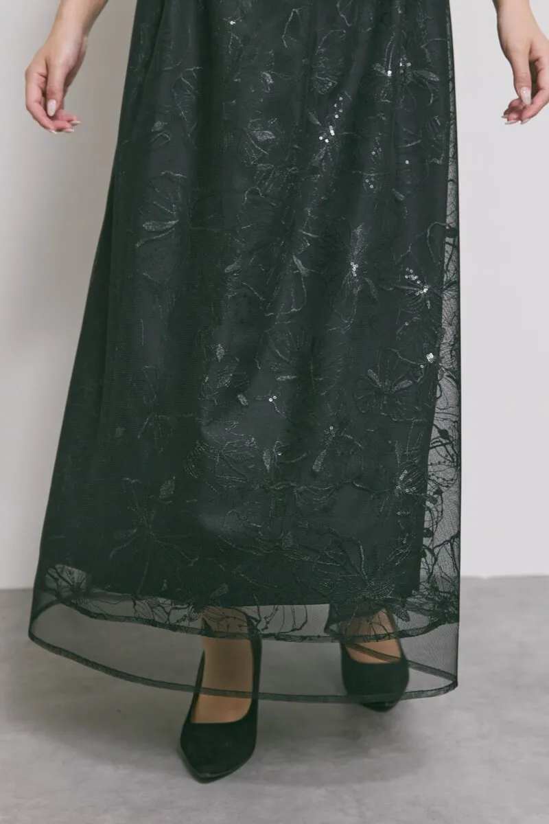 ブラックのレースミックスチュールドレス