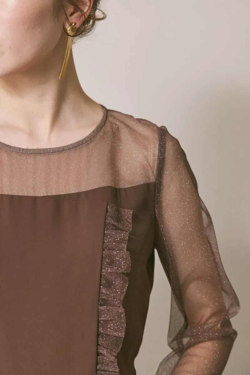 ブラウンのラメチュールパンツドレス