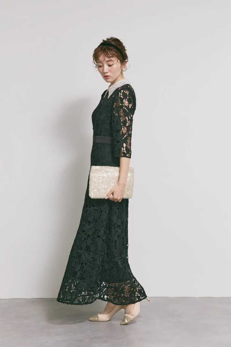 ブラックのビジューカラーレースドレス