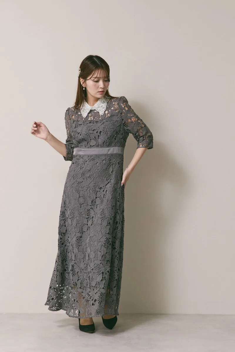 グレーのビジューカラーレースドレス /Leja