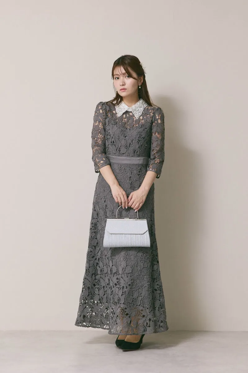 グレーのビジューカラーレースドレス