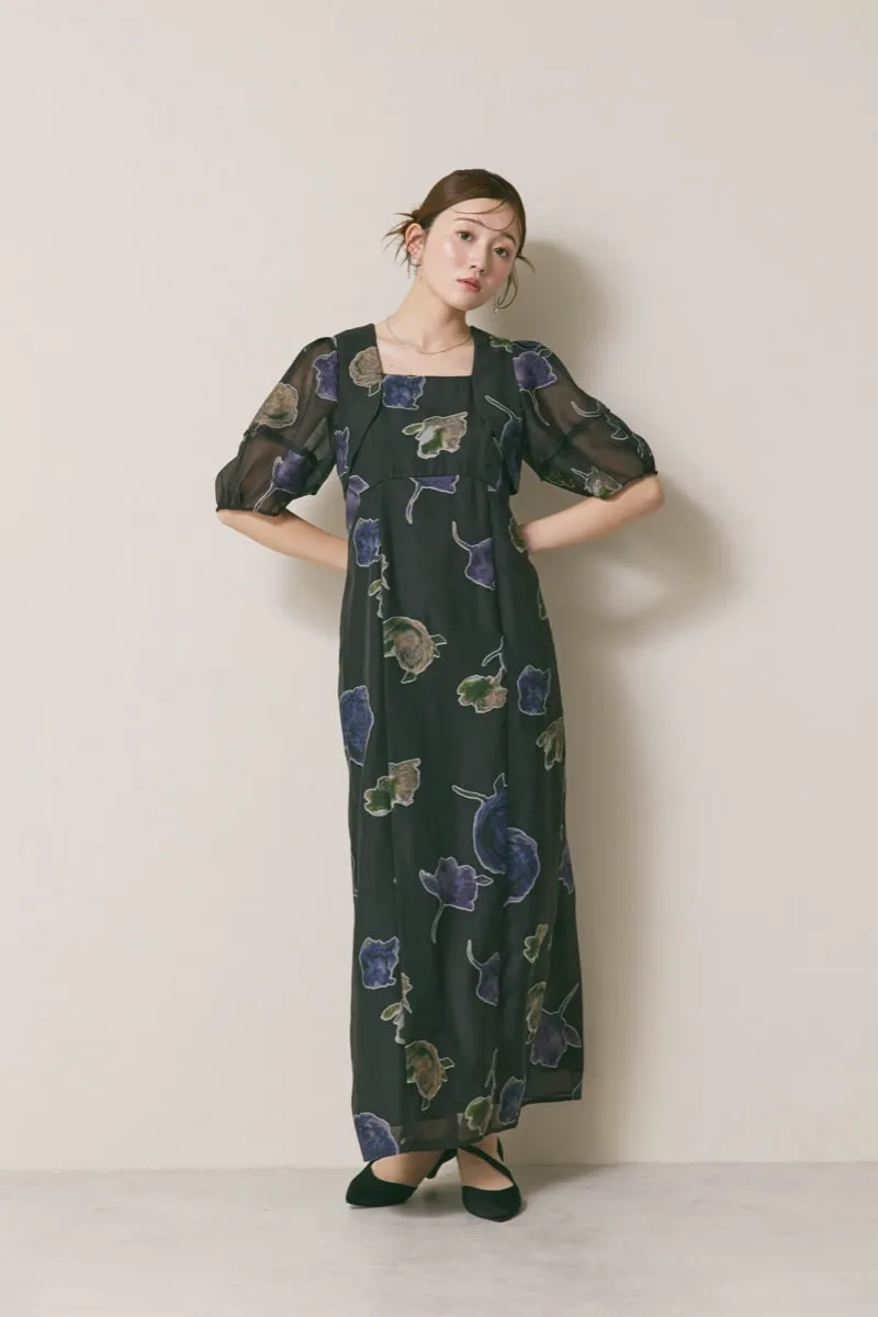 ブラックのフラワープリントオケージョンドレス /Ameri VINTAGE