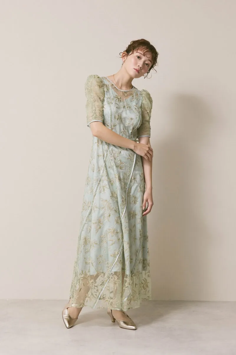 ミントのチュールラメ刺繍ドレス