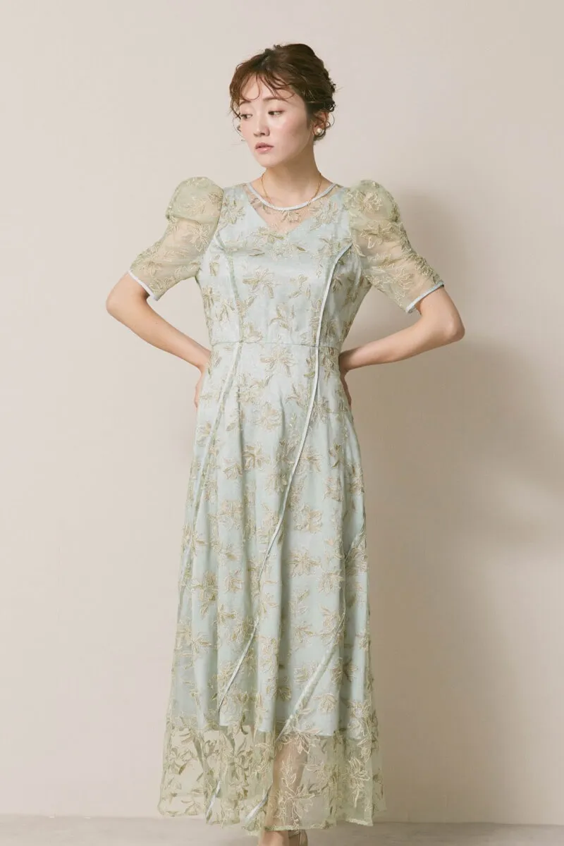 ミントのチュールラメ刺繍ドレス