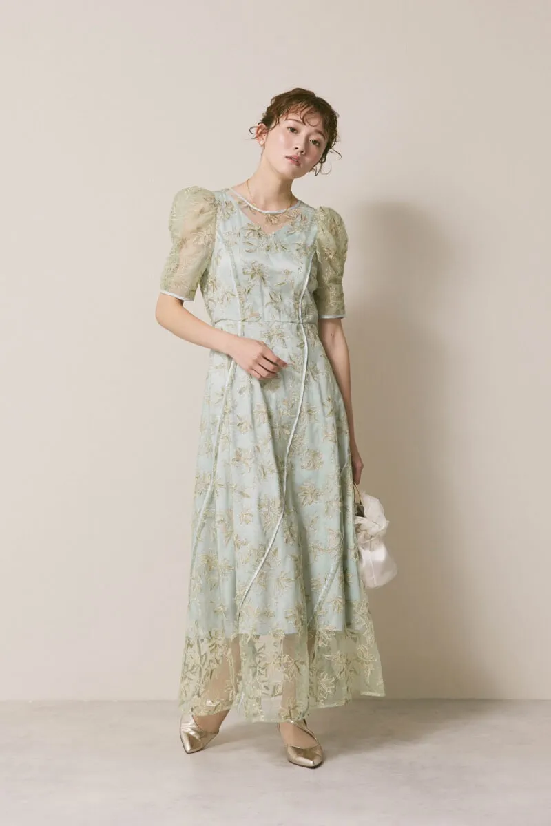 ミントのチュールラメ刺繍ドレス /LILY BROWN