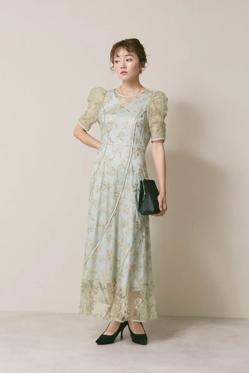 ミントのチュールラメ刺繍ドレス