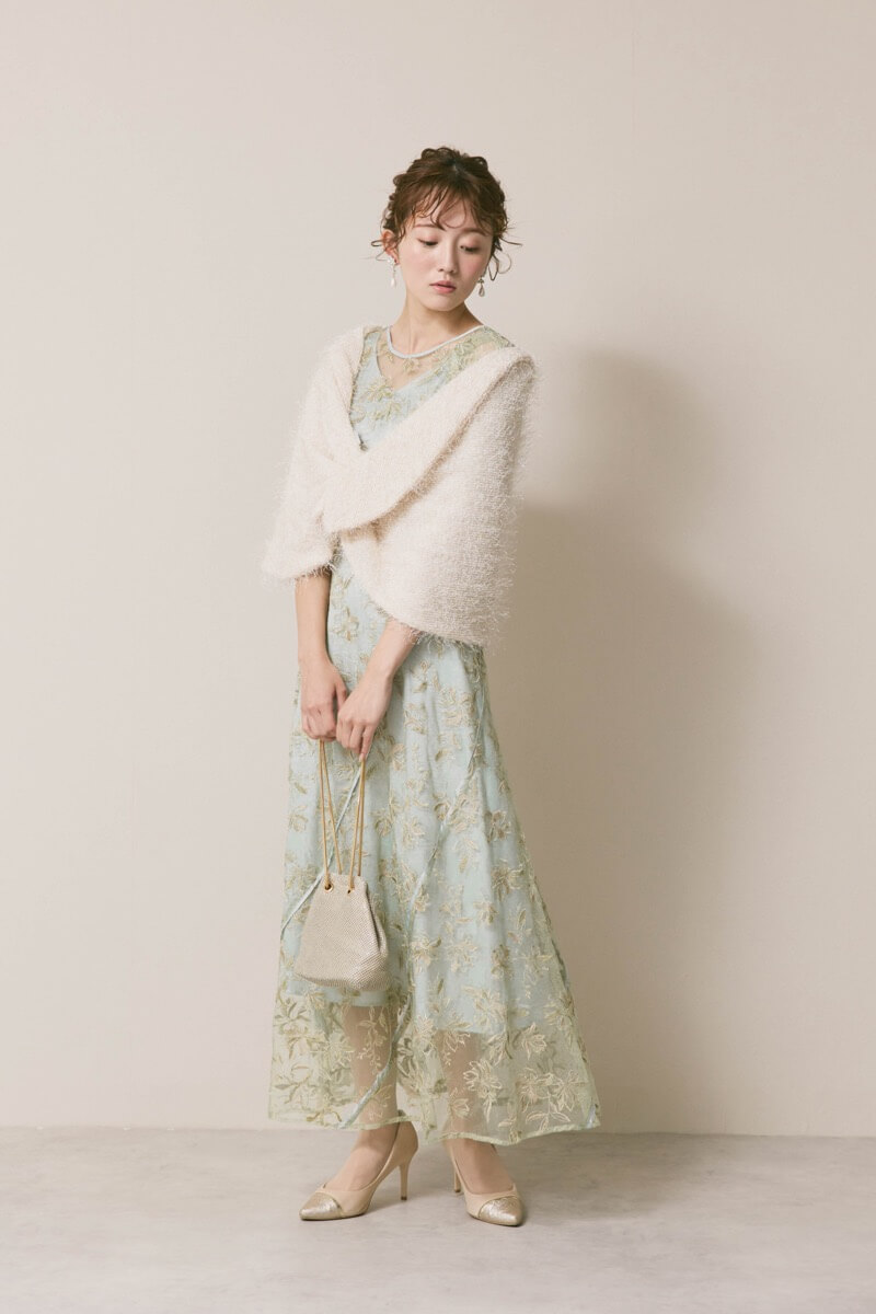 ミントのチュールラメ刺繍ドレス