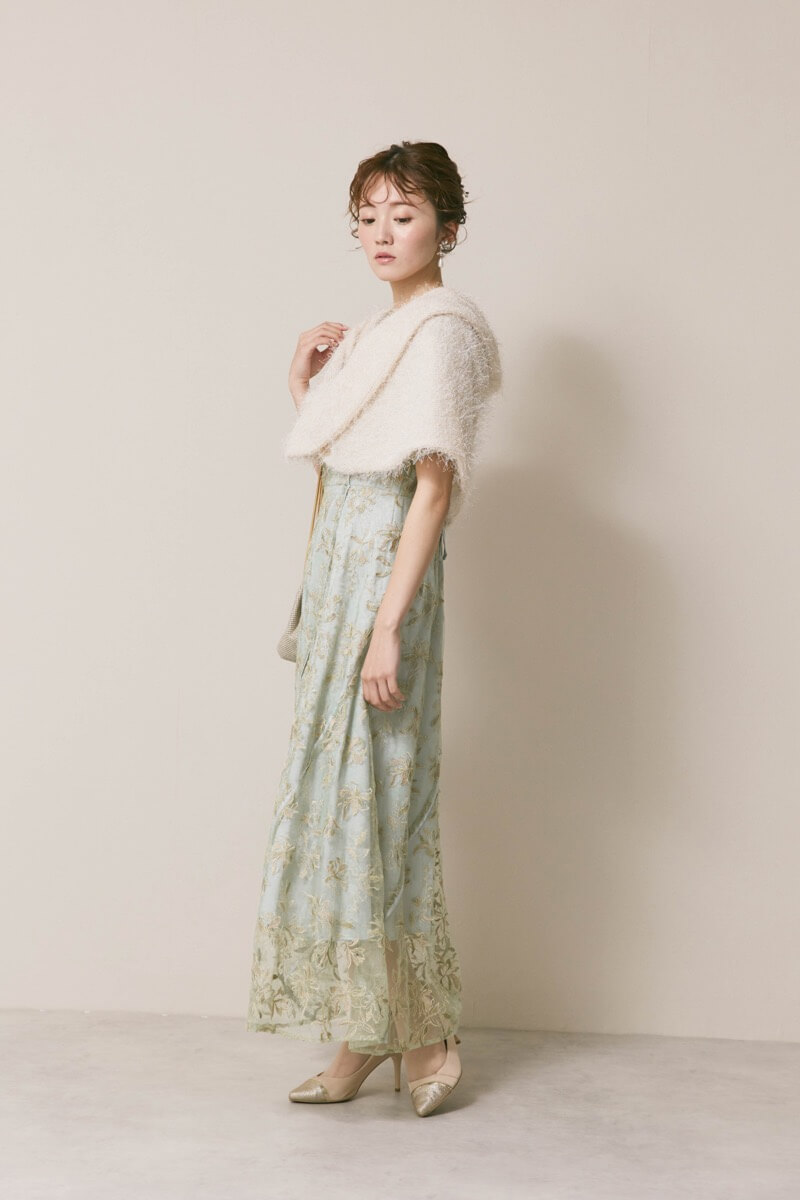 ミントのチュールラメ刺繍ドレス