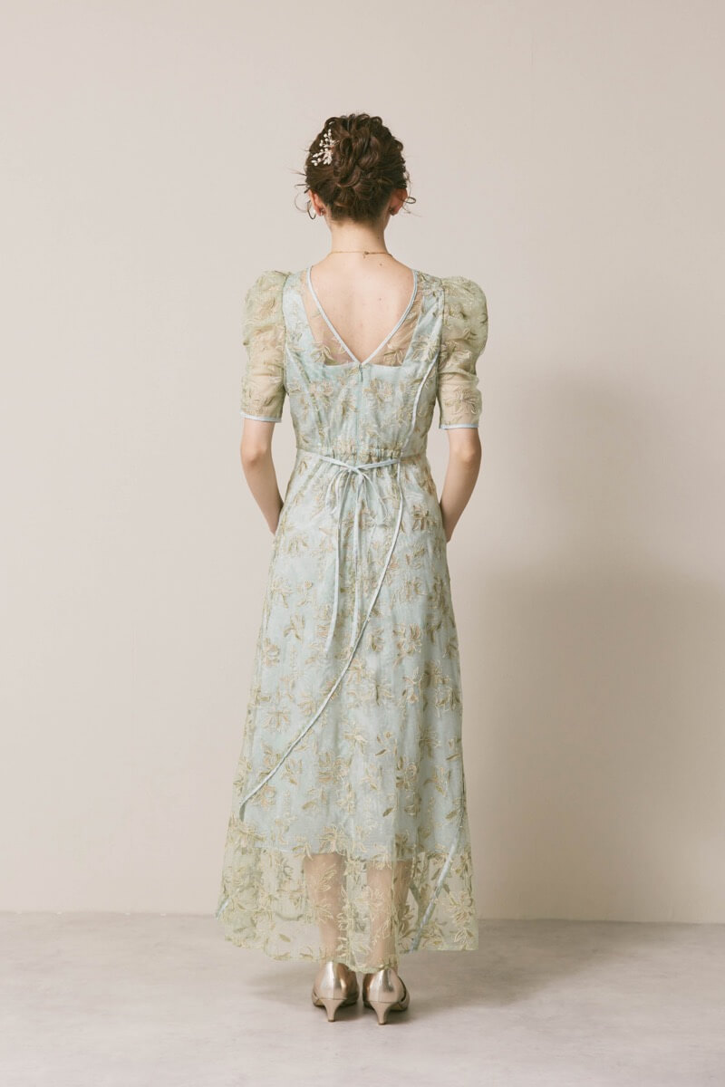 ミントのチュールラメ刺繍ドレス