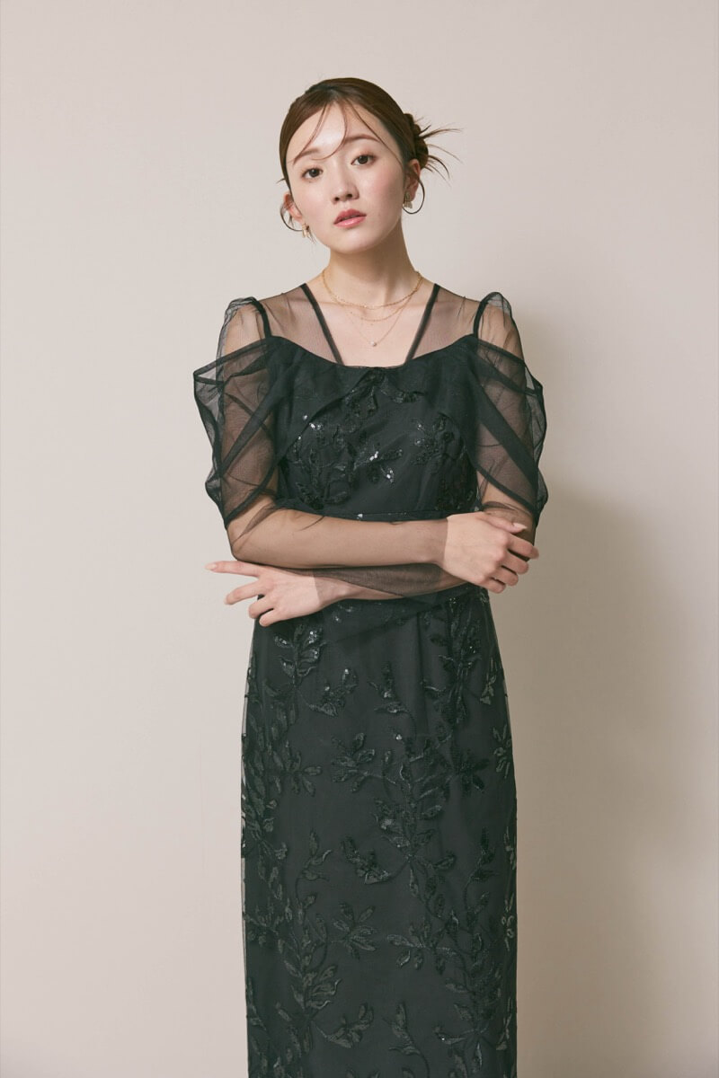 ブラックのチュールスリーブIラインドレス