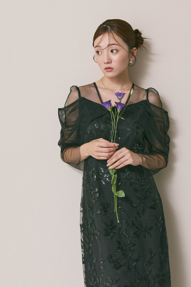 ブラックのチュールスリーブIラインドレス