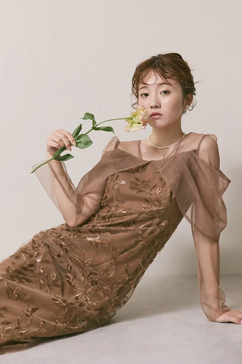 ブラウンのチュールスリーブIラインドレス