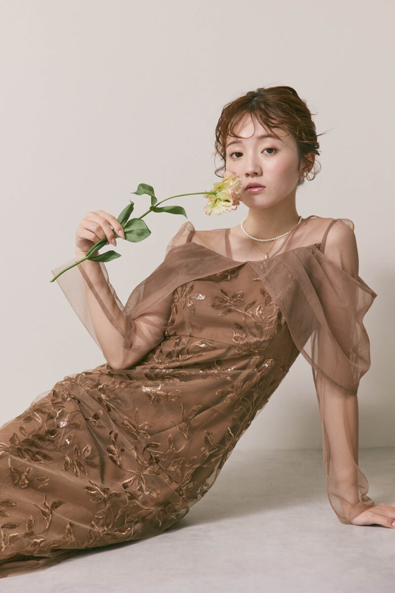 ブラウンのチュールスリーブIラインドレス