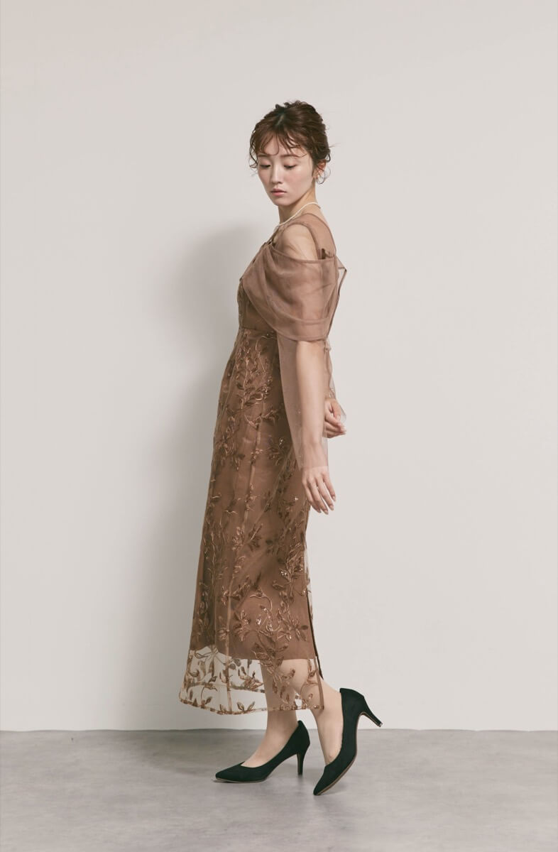 ブラウンのチュールスリーブIラインドレス