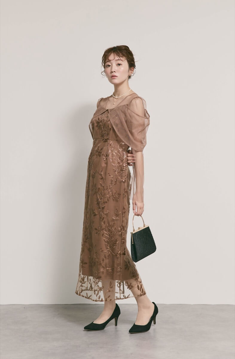 ブラウンのチュールスリーブIラインドレス