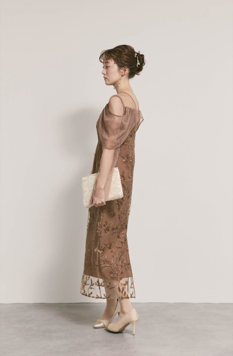 ブラウンのチュールスリーブIラインドレス