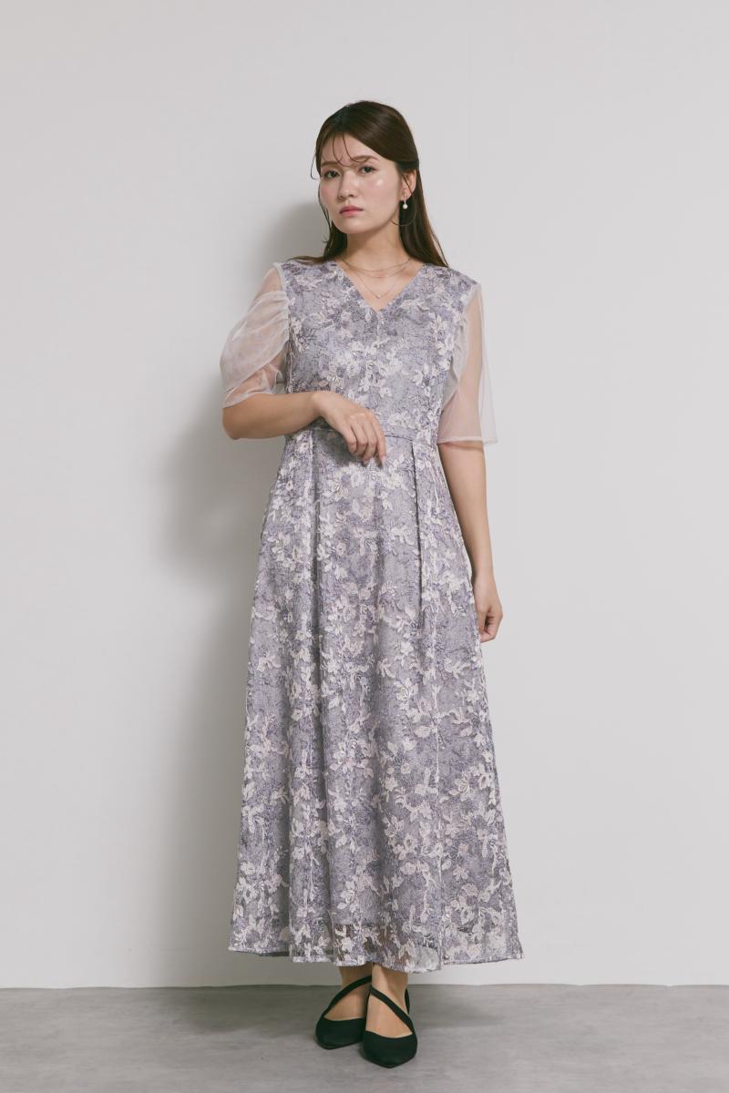 ラベンダーのシアーオフショルドレス