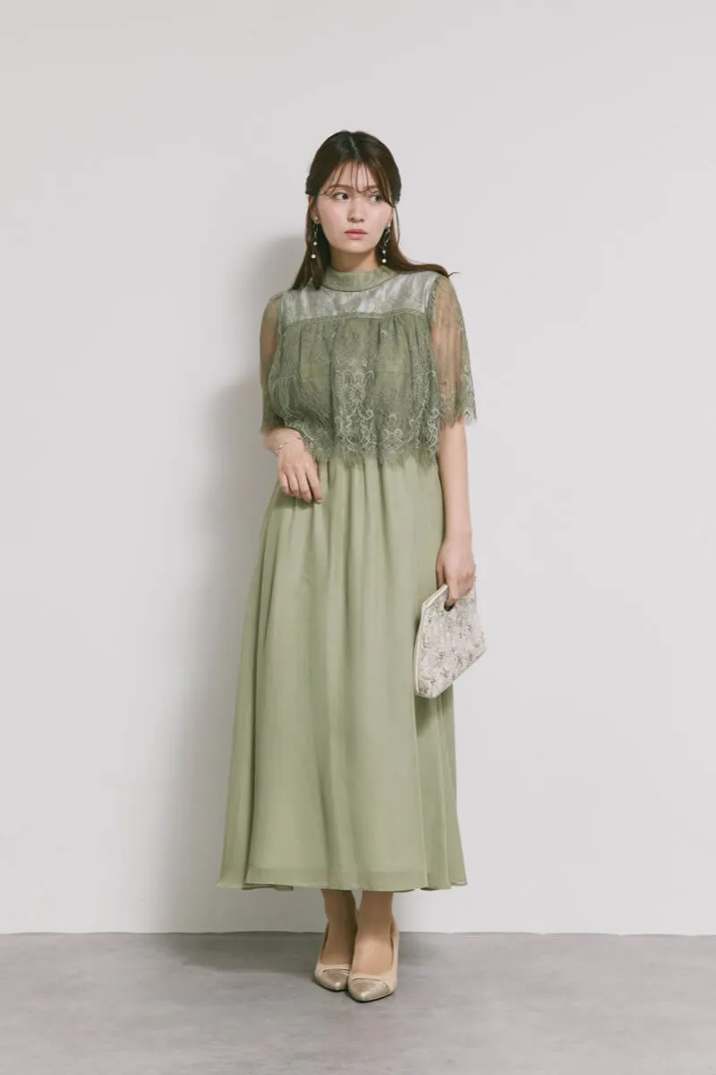 モーヴグリーンの授乳口付ハイネックレースドレス