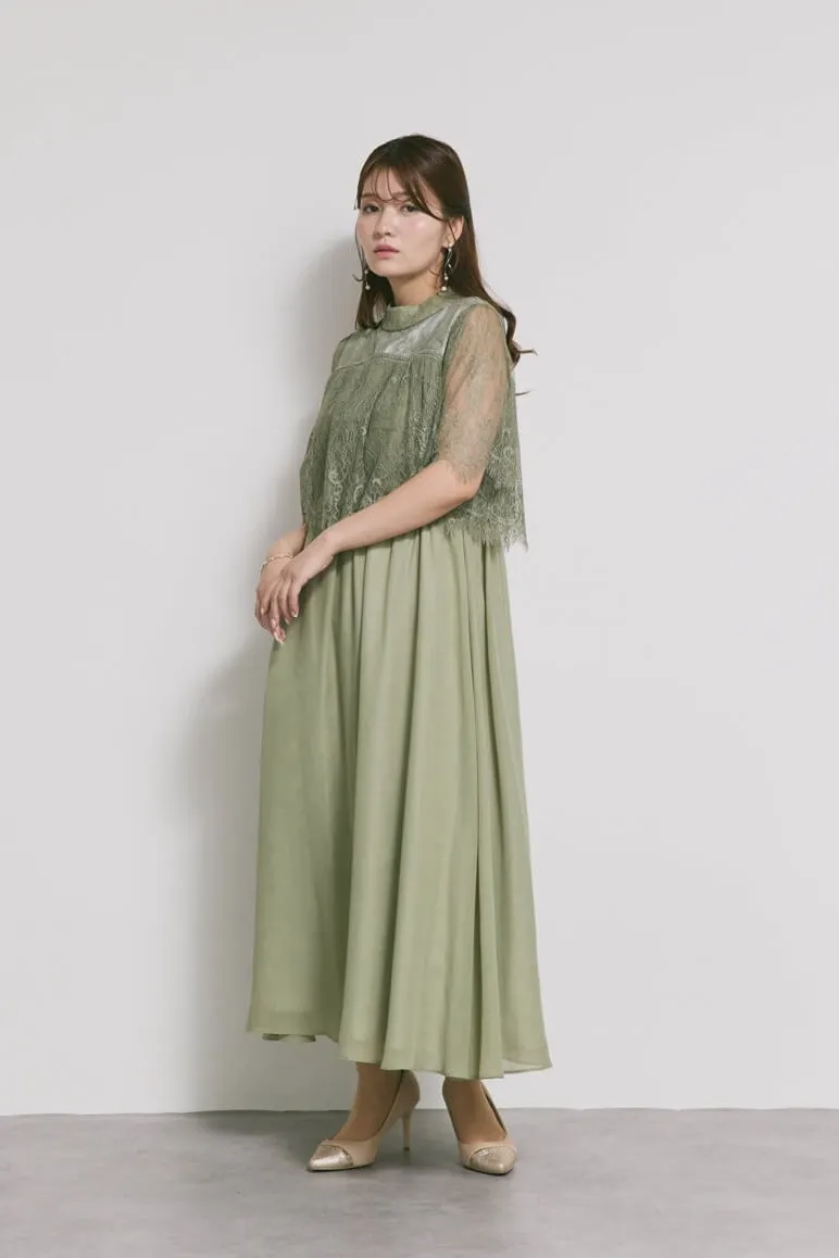 モーヴグリーンの授乳口付ハイネックレースドレス