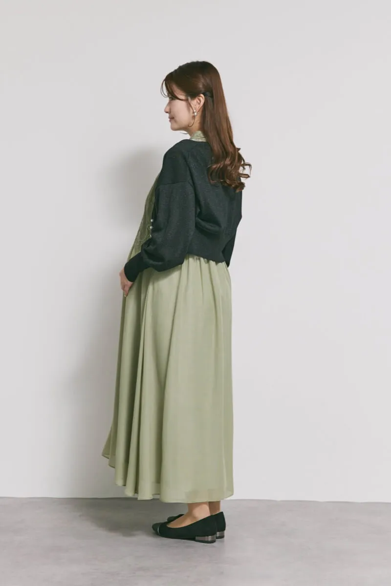 モーヴグリーンの授乳口付ハイネックレースドレス