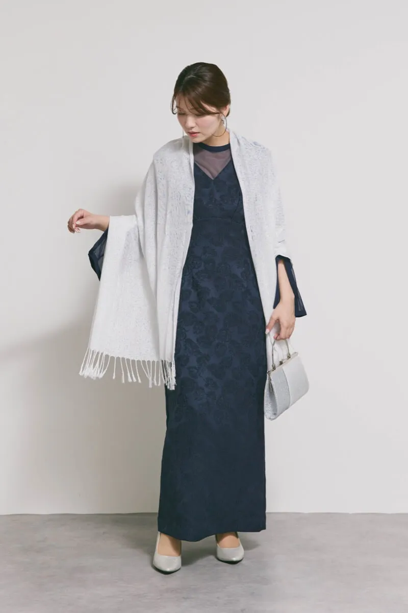 ネイビーのジャガードIラインドレス