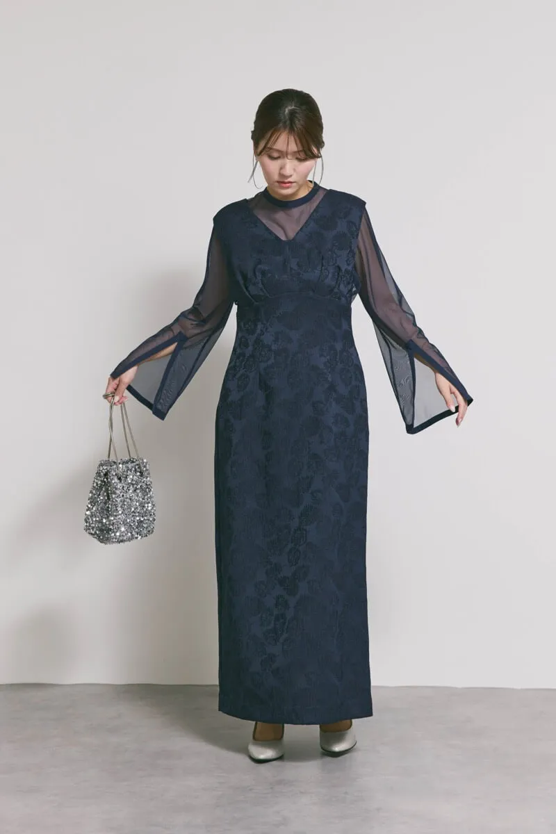 ネイビーのジャガードIラインドレス