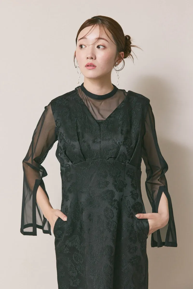 ブラックのジャガードIラインドレス