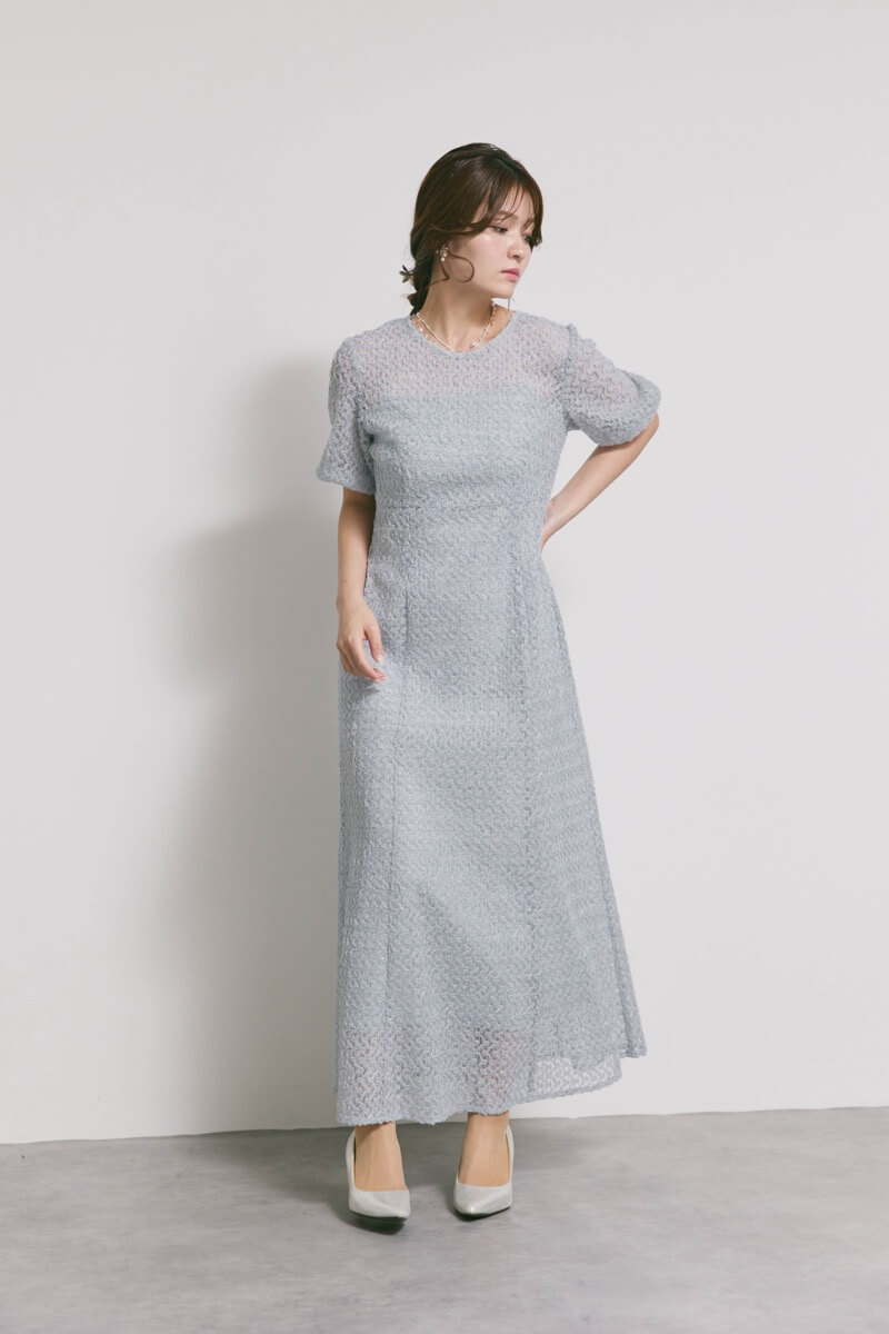 サックスのスパンコールレースドレス