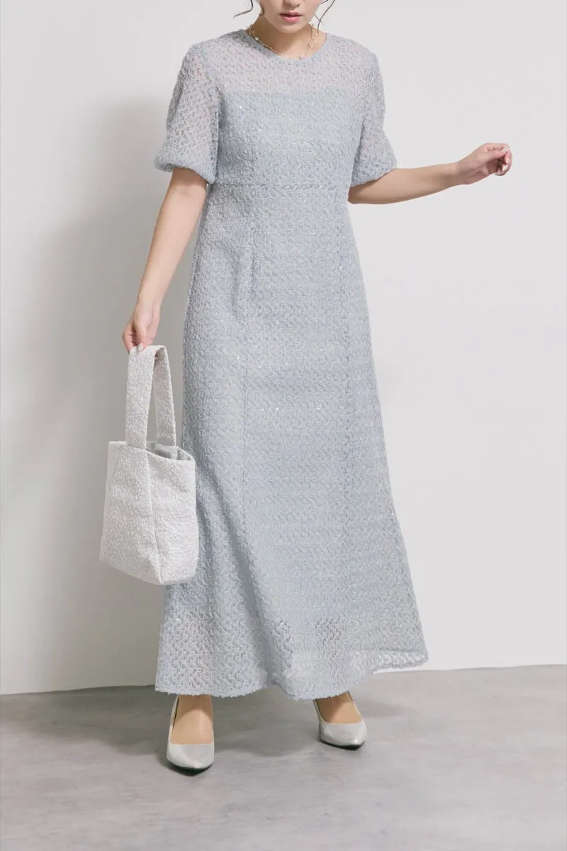 サックスのスパンコールレースドレス